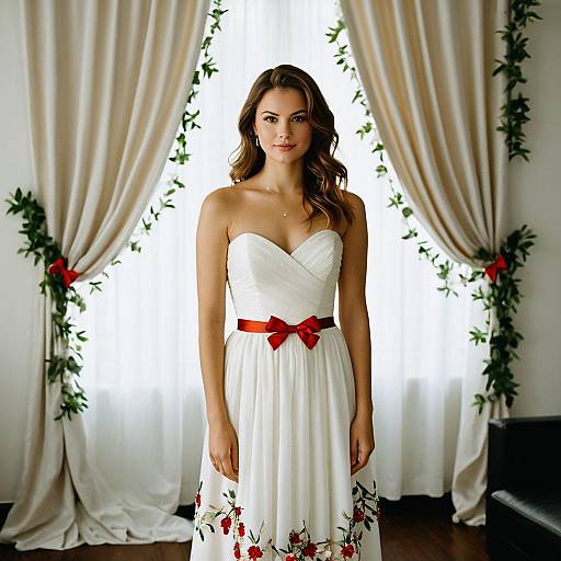 Bride in Strapless Wedding Dress with Red Bow