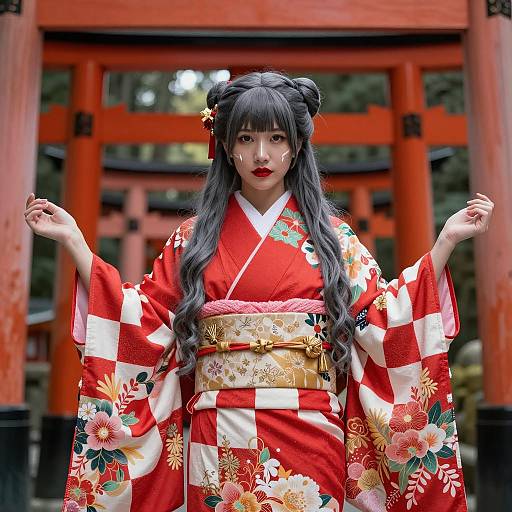 Elegant Asian Woman in Checkered Kimono