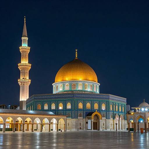 Photograph of a brightly lit, golden-domed mosque with a tall, illuminated minaret against a dark blue night sky. Arched entrances and intricate