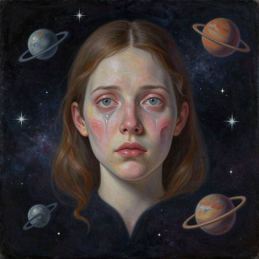 Digital painting of a red-haired girl with tear-streaked face, surrounded by planets in a starry space background. Emotional, ethereal, and