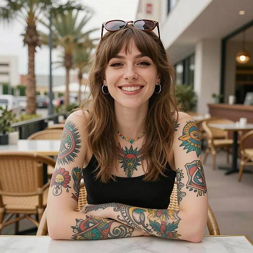 Smiling Tattooed Woman at Outdoor Café