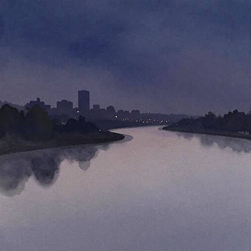 Minimalist Twilight Cityscape Watercolor