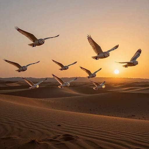 Ethereal Owls Soaring at Sunset