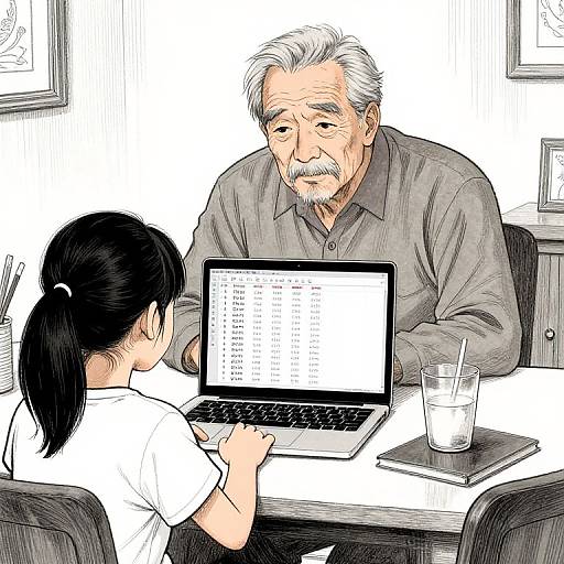 Manga Grandfather and Granddaughter Stock Viewing