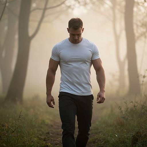 Muscular Man Walking Misty Forest