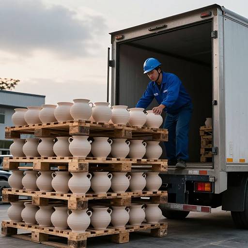 Photograph of a male potter in blue work clothes and helmet, loading white ceramic vases onto wooden pallets in a truck.