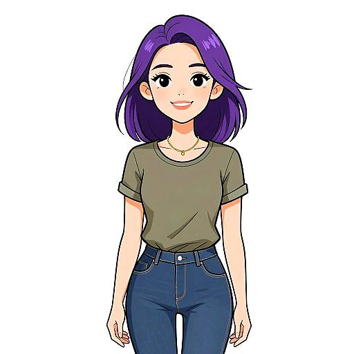 Digital anime-style drawing of a smiling woman with purple hair, wearing a green shirt, blue jeans, and a gold necklace.