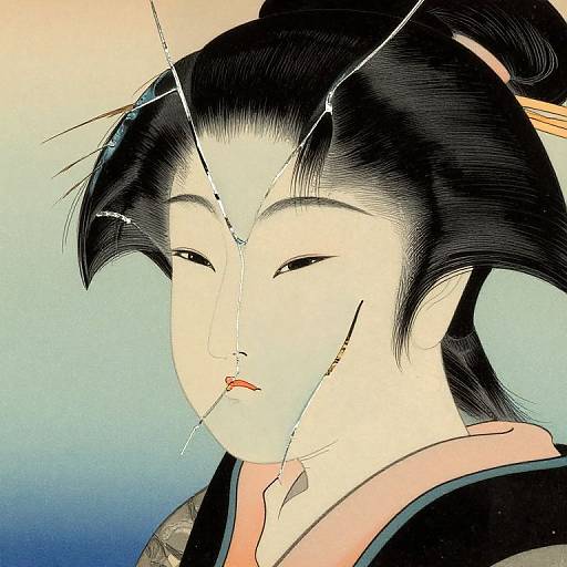 Digital illustration of a Japanese geisha with black hair in an updo, pale skin, and closed eyes, wearing a traditional kimono, with broken