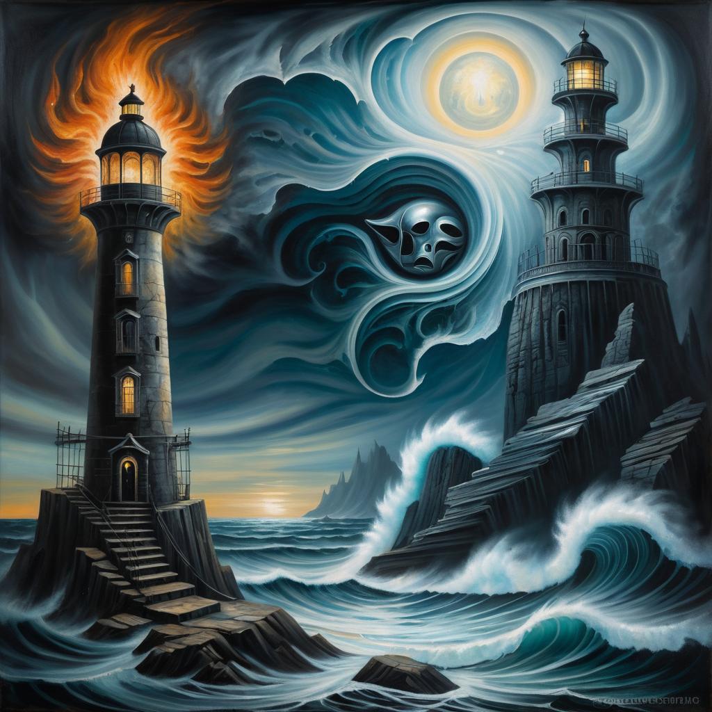 Surreal Lighthouse Scene with Ghostly Figure