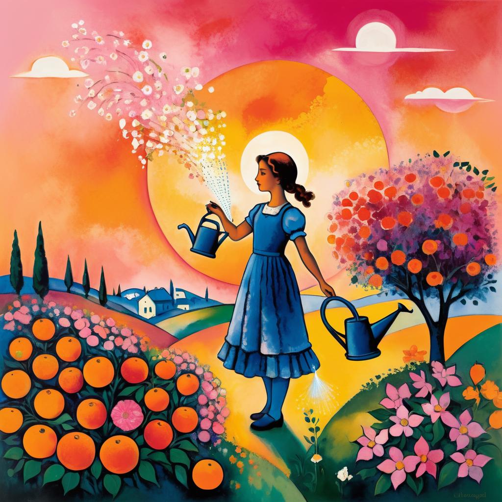 Chagall-Inspired Girl Watering Flowers