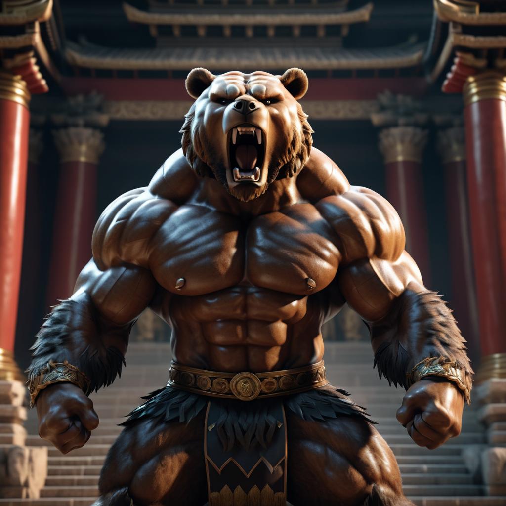 Muscular Bear Roaring in Ancient Temple