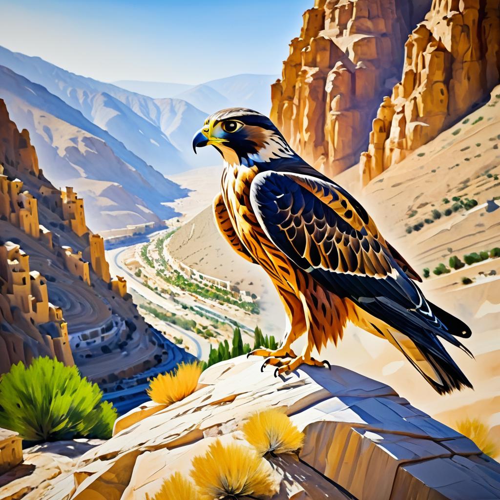 Falcon in Damascus Style Mountain Scene