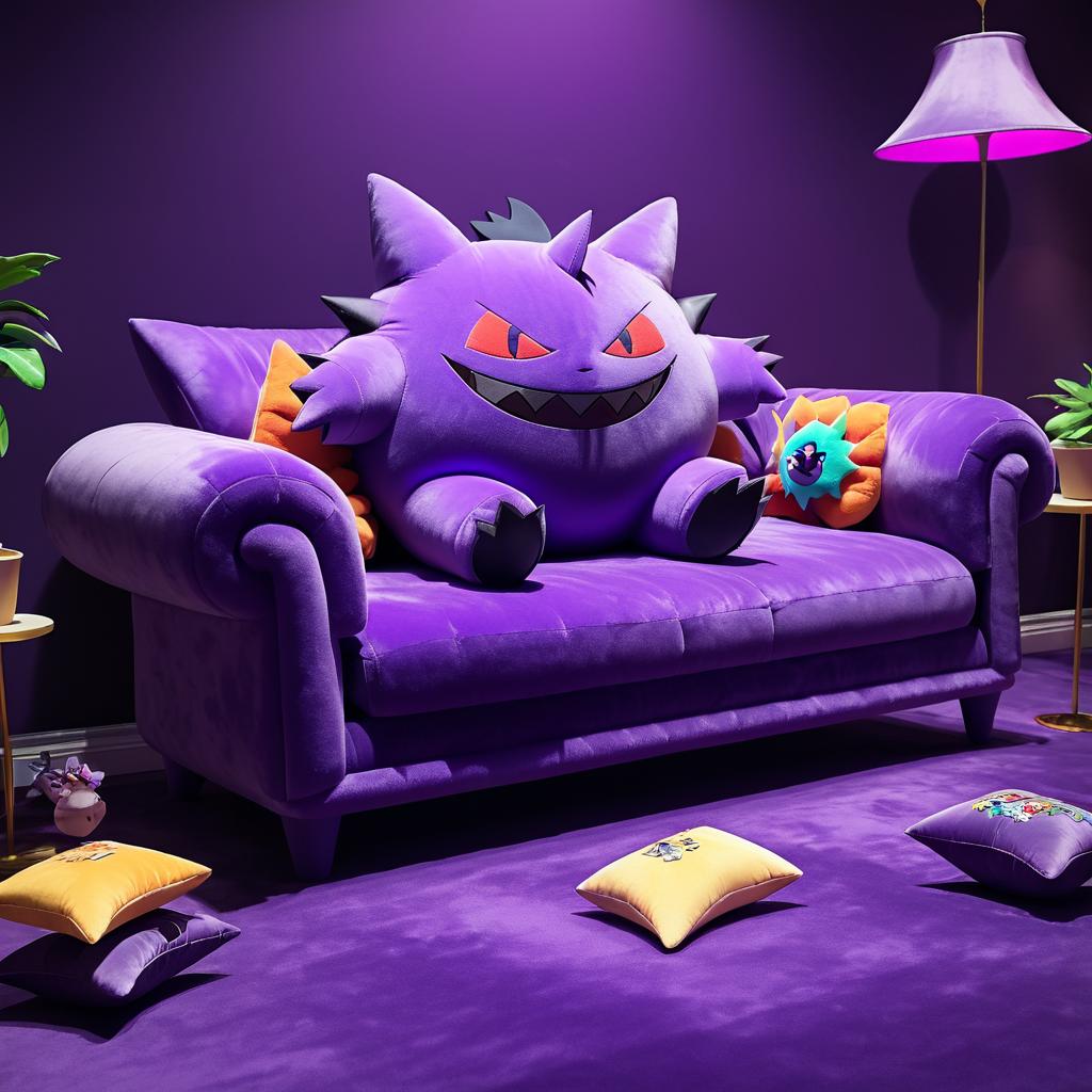 Playful Gengar Relaxing on Sofa