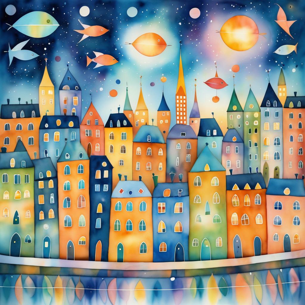 Whimsical Nighttime Cityscape in Klee Style