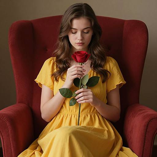 Photograph of a young woman with long brown hair, wearing a yellow dress, sitting in a red armchair, holding a red rose, eyes closed