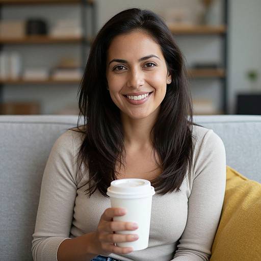 Photograph of a smiling, dark-haired woman with medium skin tone, wearing a light beige long-sleeve top, holding a white coffee cup,