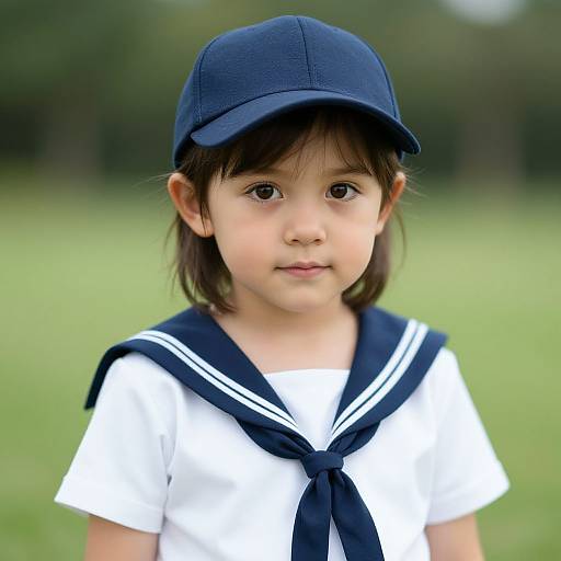 Photograph of a young Asian girl with fair skin, wearing a navy cap, white sailor uniform with blue neckerchief, standing in a green field