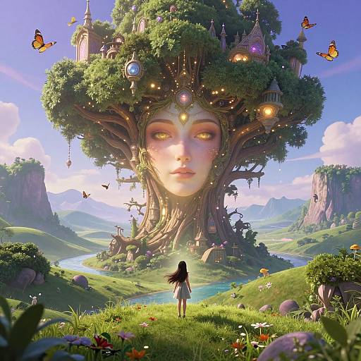 Digital fantasy art: A young girl with long black hair stands before a giant tree with a glowing, ethereal face, surrounded by butterflies and fairy-t