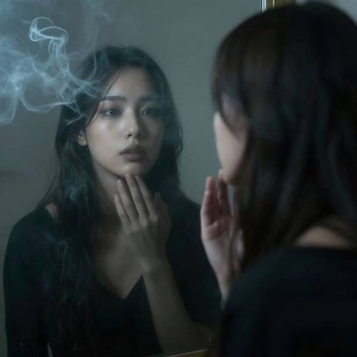 Photograph of a pensive, long-haired woman with smoky breath, hand on chin, reflected in a mirror, bathed in blue light.