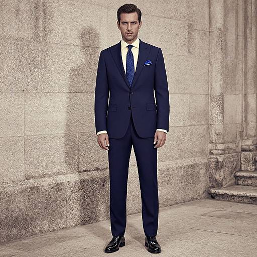 Photograph of a handsome man in a navy blue suit with white shirt, blue tie, and pocket square, standing against a stone wall. Black shoes