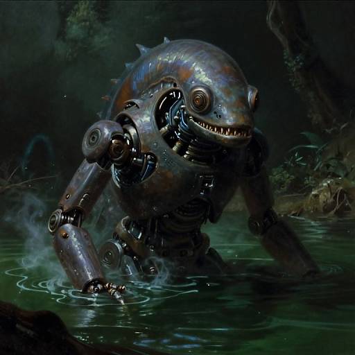 Digital artwork of a metallic, fish-like robot with sharp teeth and fins, crouching in dark, misty forest water.