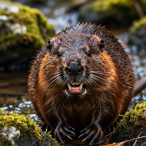 Close-up photograph of a wet, brown beaver with sharp teeth, yellowish-orange fur, and black nose, standing on mossy rocks in a