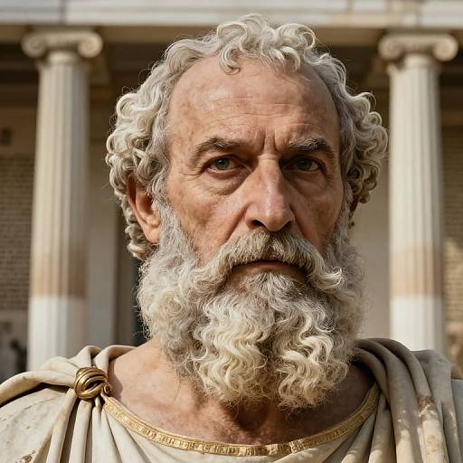 Photorealistic digital portrait of an elderly, white-haired, bearded man with intense eyes, wearing a classical Roman-style toga, standing against a