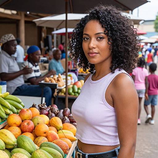 Photograph of a curly-haired Black woman in a white tank top, standing in a vibrant market with colorful fruits and people in the background.