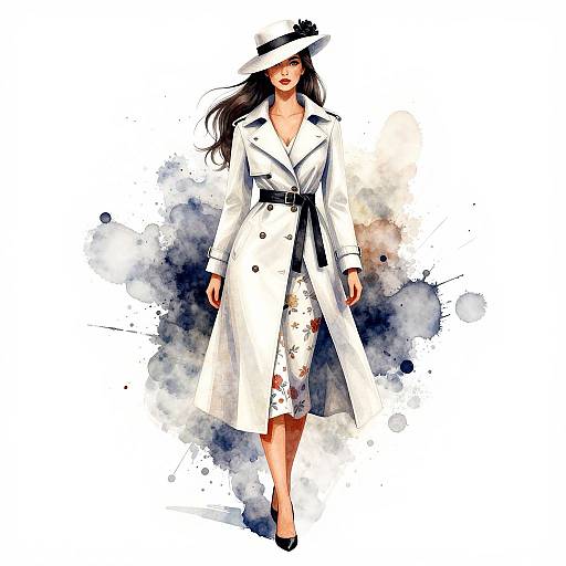 Digital illustration of a stylish woman in a white trench coat and hat, black belt, floral dress, and black heels, with abstract watercolor splashes