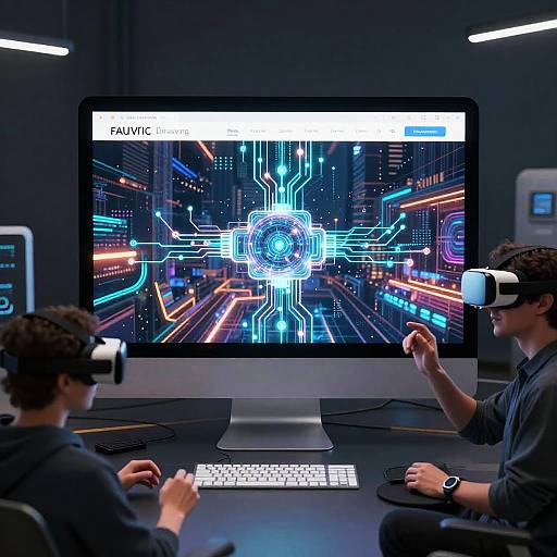 Photograph of two men in virtual reality headsets, seated in front of a large screen displaying a neon circuit board interface, in a modern, dim