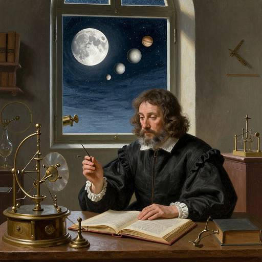 Photograph-like digital painting of a bearded man in black Renaissance attire, writing by moonlit window, surrounded by scientific instruments and open book.