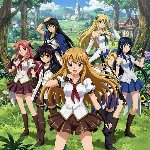 Anime-style illustration of six schoolgirls in white blouses and plaid skirts, standing in a vibrant, sunny, wooded countryside.