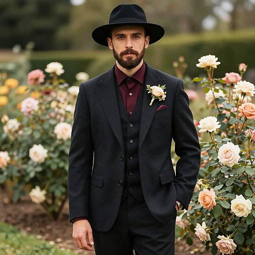 Photograph of a bearded man in a black suit, burgundy shirt, black hat, with a white rose boutonniere, standing in