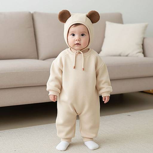 Photograph of a baby with fair skin and blue eyes, wearing a beige onesie with bear ears, standing in front of a beige couch in a