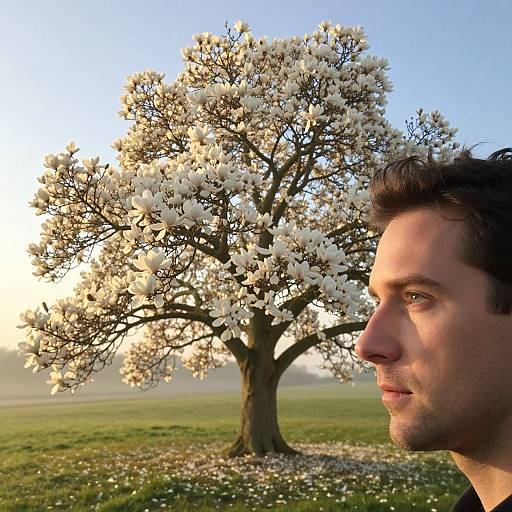 Photograph of a man with short dark hair, gazing at a blooming white cherry tree in a sunlit, grassy field.