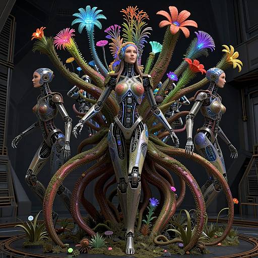 Digital CGI of three metallic, human-like robots with glowing flowers emerging from their backs in a dark, futuristic lab setting.