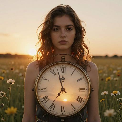 Photograph of a young woman with wavy brown hair, wearing a sleeveless black dress, standing in a sunlit daisy field holding a large