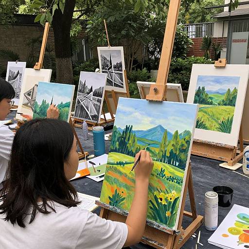 Outdoor painting class: Two Asian artists, wearing white shirts, paint vibrant landscapes on wooden easels amidst lush greenery and urban background.