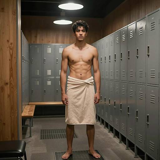 Shirtless Man in Industrial Locker Room