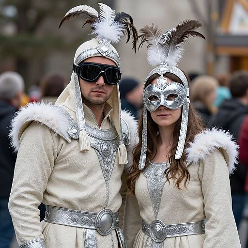 Photograph of a man and woman in medieval Renaissance costumes with silver helmets, white fur-trimmed robes, and black feathered plumes, standing