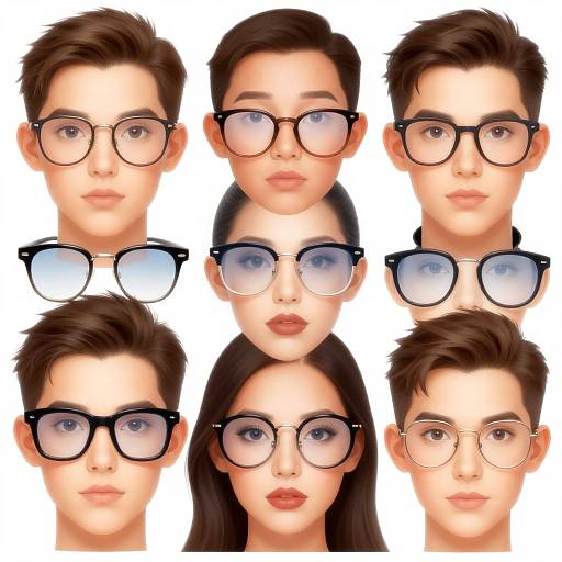 Digital artwork of six young faces with varied hairstyles and black-framed glasses, arranged in a 3x2 grid against a white background.