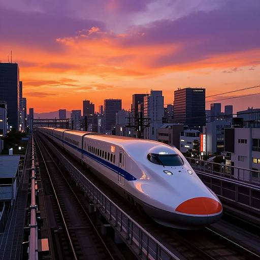 Photograph of a sleek, white Shinkansen bullet train speeding through a urban cityscape at sunset, with vibrant orange and purple skies. Modern skys