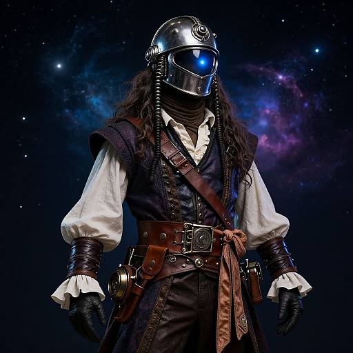 Photograph of a space adventurer in a shiny black helmet with blue visor, white puffed sleeves, brown leather vest, and belts, against a
