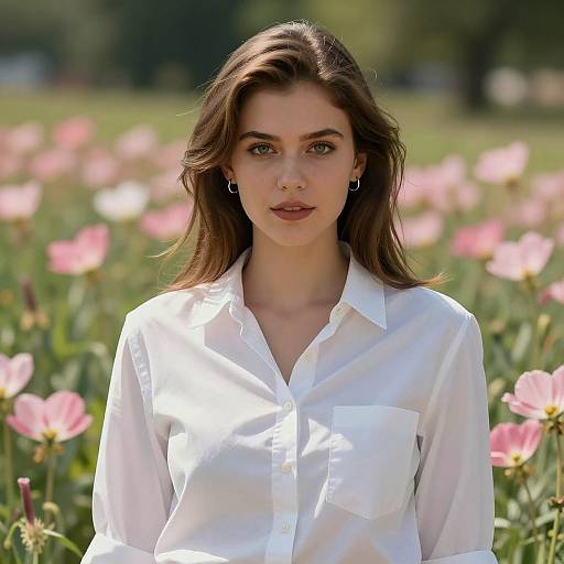 Young Woman in White Shirt Among Pink Flowers