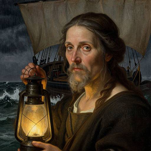 Photorealistic painting of an elderly bearded man with long brown hair, holding a glowing lantern, standing on a stormy sea with a ship in
