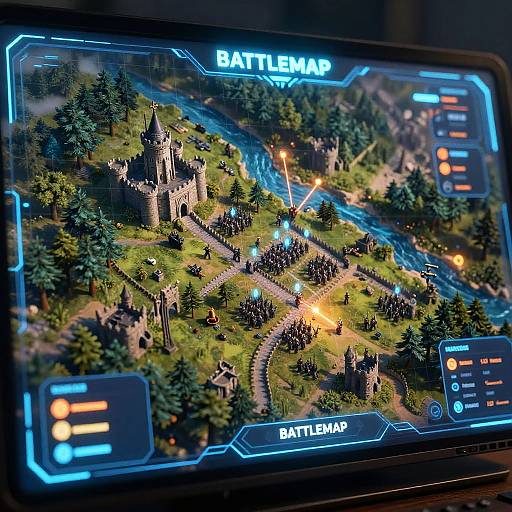 Photograph of a digital tabletop game screen displaying a detailed, illuminated medieval battlefield with pixelated soldiers and castles, labeled 