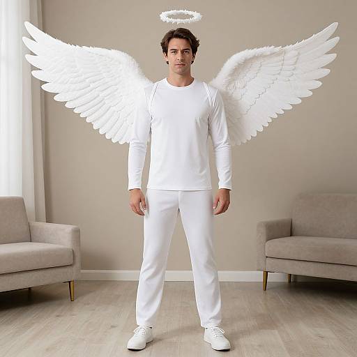 Photograph of a young man with curly brown hair, wearing white angel wings, halo, long-sleeve shirt, pants, and shoes, standing