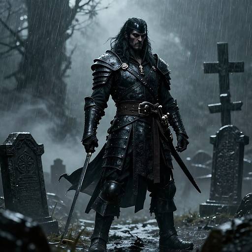 Dark, rainy cemetery scene; muscular, long-haired warrior in black, wet, armored clothing holding a sword, standing before stone crosses and tombstones.