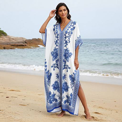 Photograph of a dark-haired woman in a blue and white floral kimono standing on a sandy beach with ocean waves in the background.