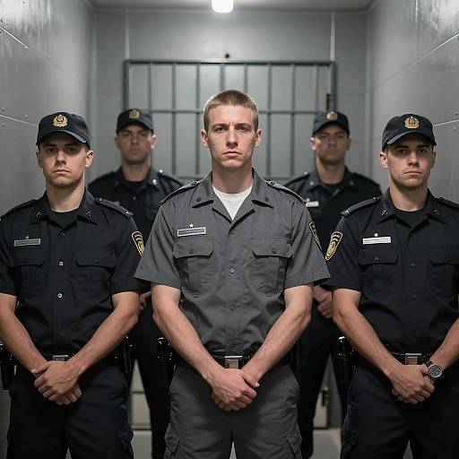 Inmate with Guards in Prison Cell